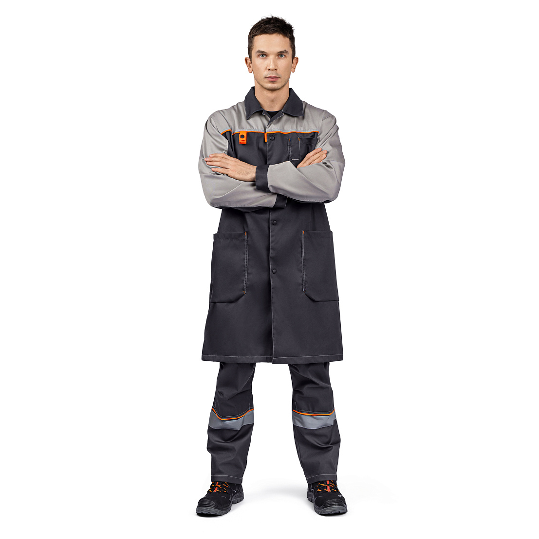 Халат ДОН, тк.смесовая, т-серый/св-серый/оранжевый, муж.