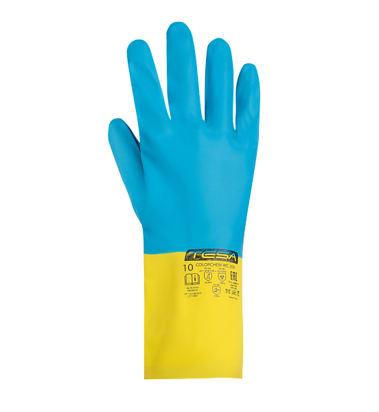 Перчатки TESA COLORCHEM WC-200, латекс и неопрен с хлопковым напылением, синий/желтый 
