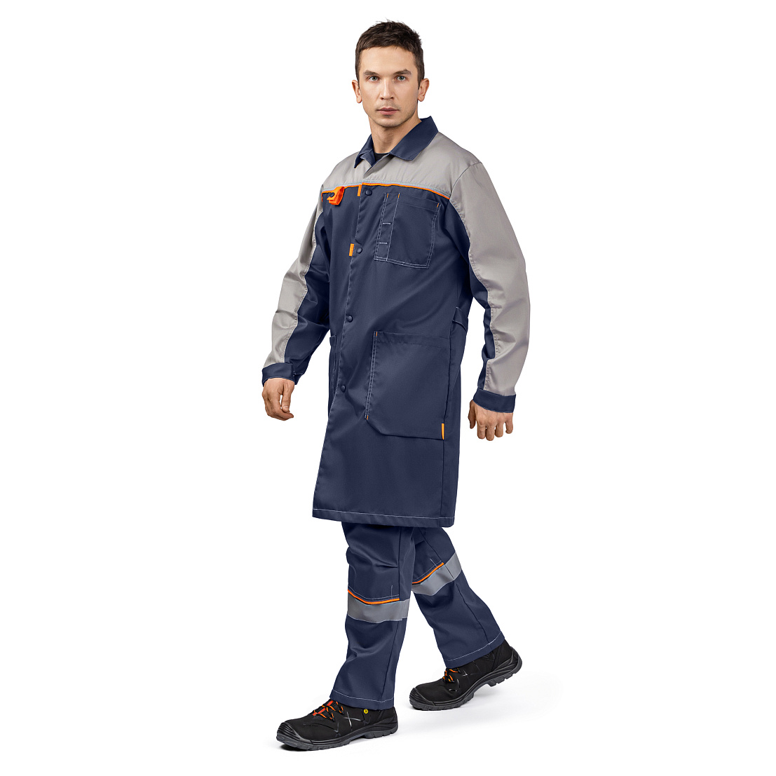 Халат ДОН, тк.смесовая, т-синий/серый/оранжевый, муж.