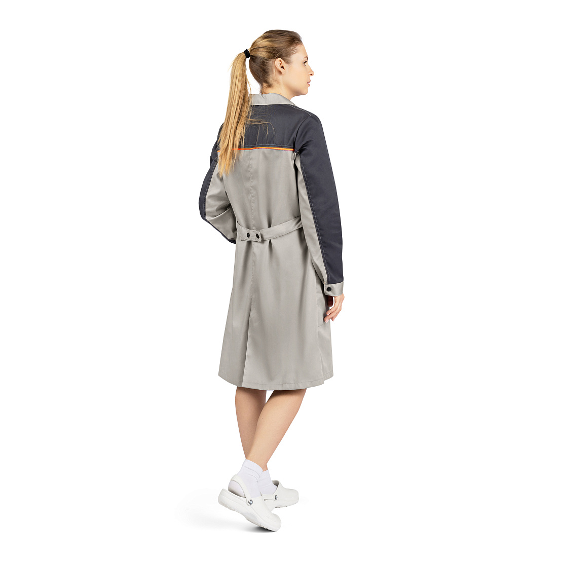 Халат ДОН, тк.смесовая, св-серый/т-серый/оранжевый, жен.