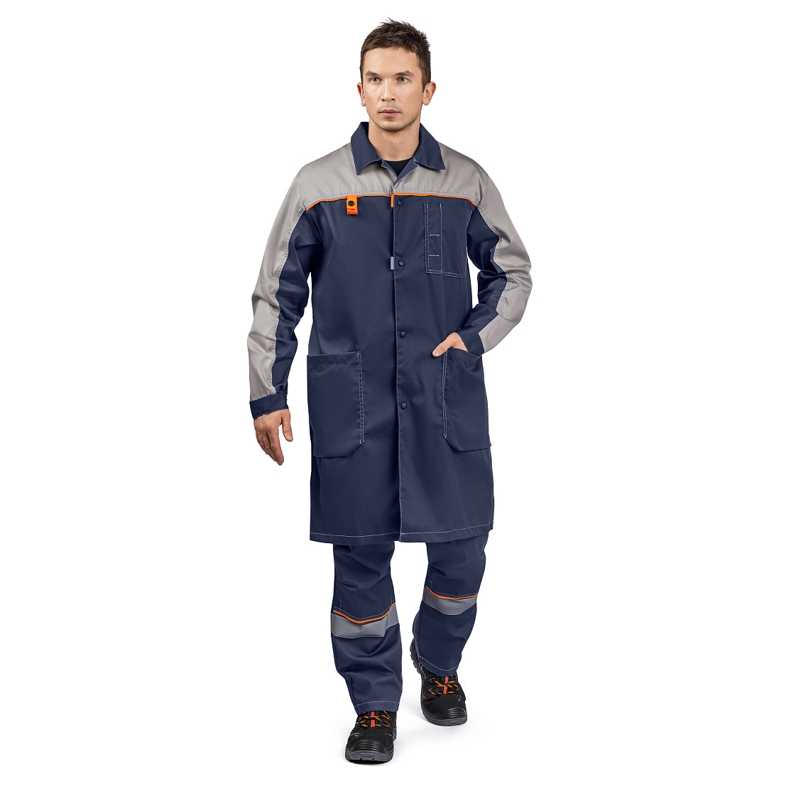 Халат ДОН, тк.смесовая, т-синий/серый/оранжевый, муж.