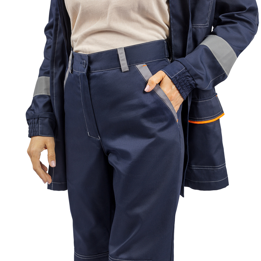 Костюм ДОН (куртка/брюки) т-синий/серый/оранжевый, тк.смесовая, жен.