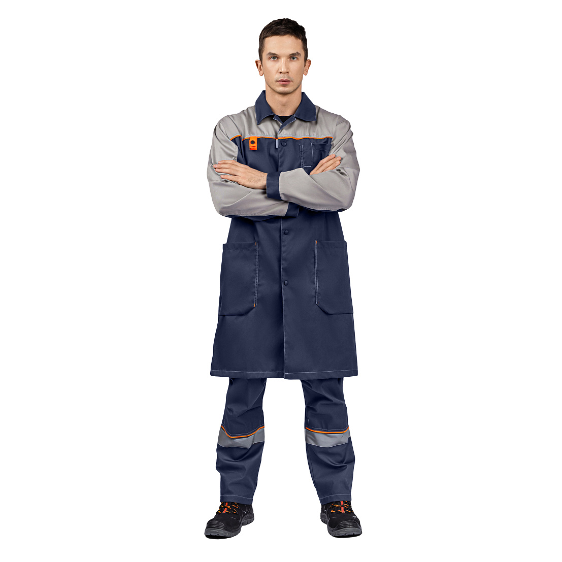 Халат ДОН, тк.смесовая, т-синий/серый/оранжевый, муж.