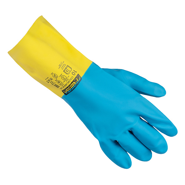 Перчатки TESA COLORCHEM WC-200, латекс и неопрен с хлопковым напылением, синий/желтый 